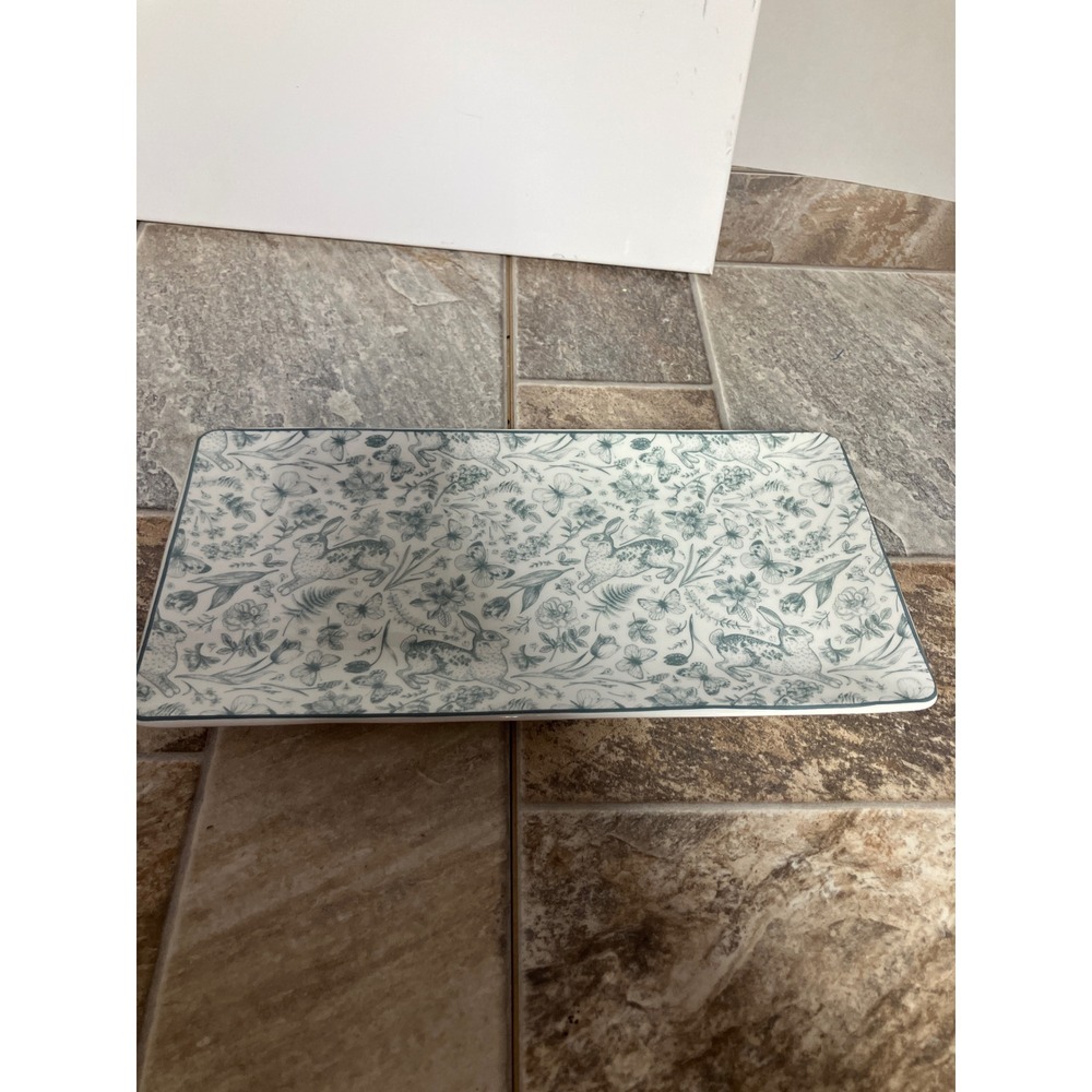 Ashland Ceramic Rabbit Floral Toile Rectangular Serving Platter Teal White